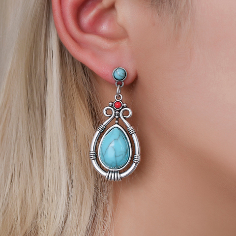 Modyle mode Vintage tibétain argent naturel Turquoises boucle d'oreille bleu pierre gouttelettes d'eau balancent boucles d'oreilles pour les femmes Boho ► Photo 1/6