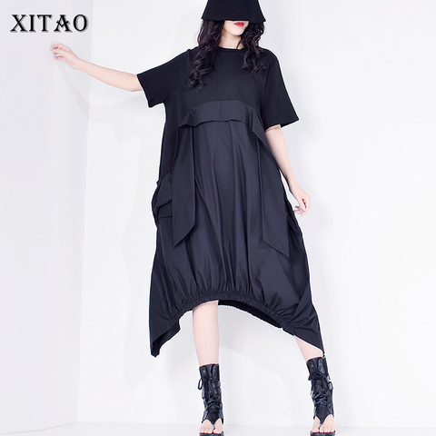 XITAO-robe Patchwork à pompons pour femmes, col rond, manches courtes, drapé ample, Style nouveau, tendance été décontracté, XJ4818 ► Photo 1/6