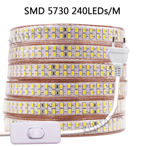 Bande lumineuse LED avec interrupteur, SMD 220 5730 2835, Flexible, 5050/180 diodes/m, éclairage extérieur étanche, prise ue, 240 V ► Photo 1/6