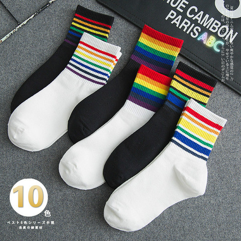 Chaussettes d'hiver en coton pour femmes, à rayures arc-en-ciel, mode de noël, chaudes, noël, tendance coréenne harajuku, décontracté ► Photo 1/6