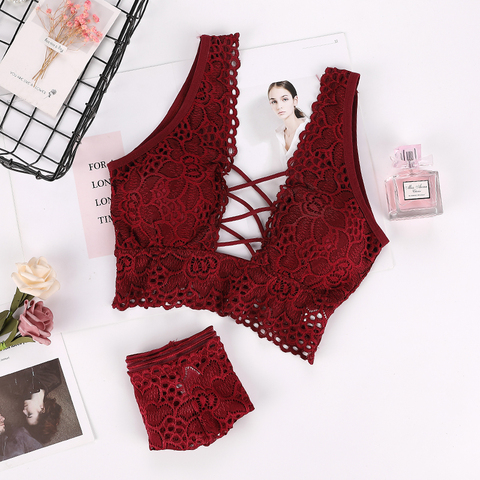 Ensemble de Lingerie Sexy à bretelles sans fil pour femmes, sous-vêtements Push Up sans couture en dentelle creuse, culotte intime ► Photo 1/6