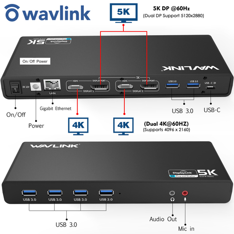 Wavlink Universel USB 3.0 Station D'accueil USB-C Double 4 k Ultra Dock DP Gen1 Type-C Gigabit Ethernet Étendre et Miroir Vidéo Mode ► Photo 1/6