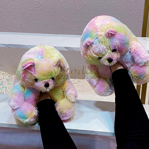 Ours en peluche pantoufles femmes chaussures moelleux fourrure maison en peluche diapositives dames mignon raton laveur fausse fourrure tongs hiver chaud maison pantoufle ► Photo 1/6