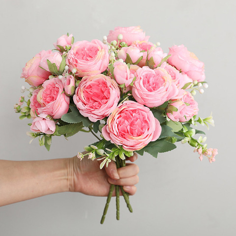 Bouquet de roses et de pivoines artificielles en soie, 1 pièce/30cm, 5 grandes têtes, 4 petits bourgeons, décoration de mariage pour la maison, offre spéciale ► Photo 1/6