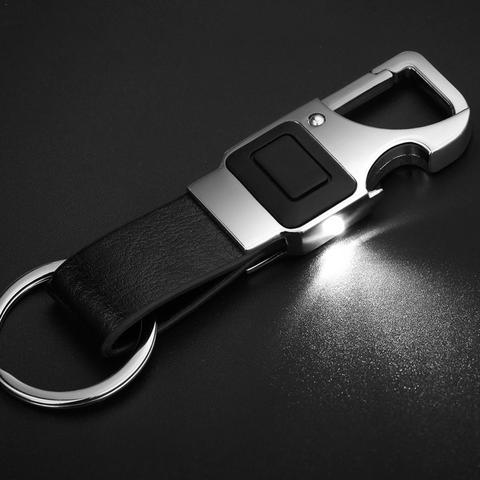 Porte-clés de voiture en cuir pour hommes, outil multifonctionnel en métal, ouvre-bouteille LED ► Photo 1/6