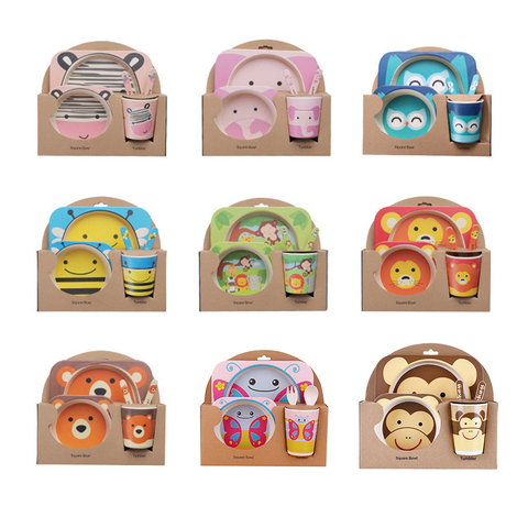 Imebaby5 pièce ensemble bambou vaisselle bambou bol bébé alimentation plaque créative dessin animé enfants bol/tasse/fourchette cuillère coffret cadeau ► Photo 1/6