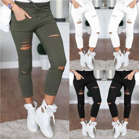 2022 Cargo pantalon femmes mode mince taille haute extensible maigre cassé trou crayon pantalon couleur unie Streetwear pantalon femmes ► Photo 1/6