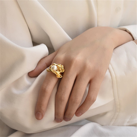 Bague perle à la mode pour femmes ajourée et raffinée, bague géométrique en métal, or, accessoires de fête pour fille, cadeau, 2022 ► Photo 1/6