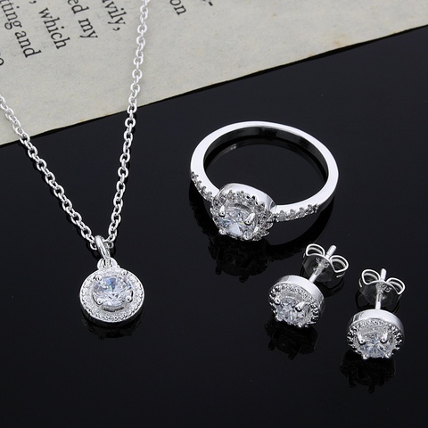 Ensemble de bijoux en argent Sterling 925, cadeau de noël, noble, à la mode, cristal brillant, collier, boucles d'oreilles, bague, pour femmes ► Photo 1/3