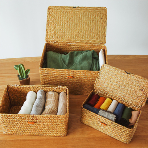 Panier en rotin rangement tissé avec couvercle rotin divers boîte de rangement panier en osier boîtes de tri à la main jonc de mer organisateur de bijoux ► Photo 1/6