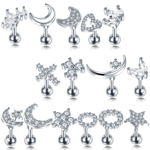 Boucles d'oreilles Piercing en forme de lune, étoile, cœur, croix, Helix Tragus Piercings Conch, 16G CZ, 1 pièce ► Photo 1/6