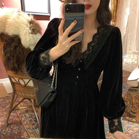 Robe de soirée en velours pour femmes, Vintage, française, noire, élégante, taille haute, manches longues, style gothique, collection automne 2022 ► Photo 1/6