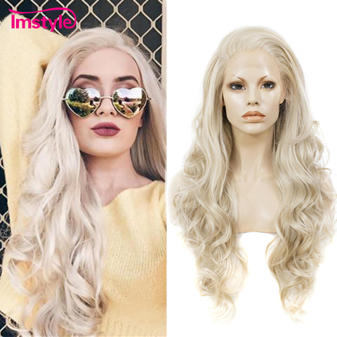 Imstyle Ash Blonde dentelle avant perruque cheveux synthétiques longues perruques ondulées pour les femmes sans colle haute température Fiber naturelle cheveux perruques ► Photo 1/6