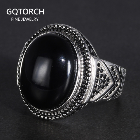 Véritable pur 925 argent anneaux Cool Antique turquie anneau pour hommes avec pierre naturelle ovale noir Onyx turc bijoux Anelli Uomo ► Photo 1/6