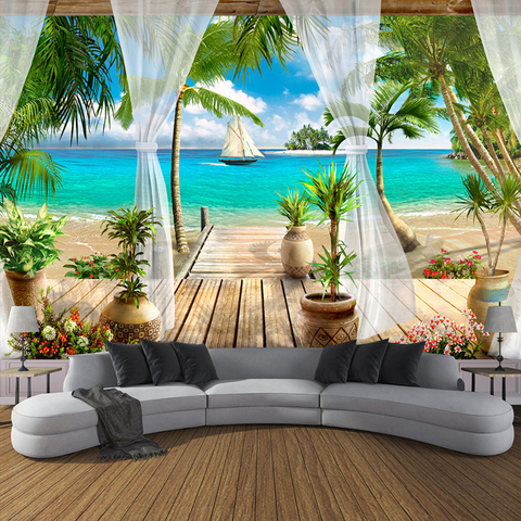 Personnalisé 3D Photo papier peint balcon sable plage vue sur la mer 3D salon canapé chambre TV fond Mural papier peint décor à la maison ► Photo 1/6