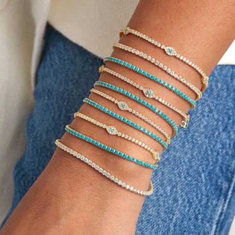 Bracelet porte-bonheur turc mauvais œil turquoise pierre tennis cz chaîne à maillons pour filles mignonnes femmes couleur or bijoux adorables ► Photo 1/6