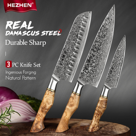 HEZHEN 3PC ensemble de couteaux professionnel damas Super acier Vg10 Chef Santoku utilitaire couteau de cuisine couteau de cuisine pointu japonais ► Photo 1/6