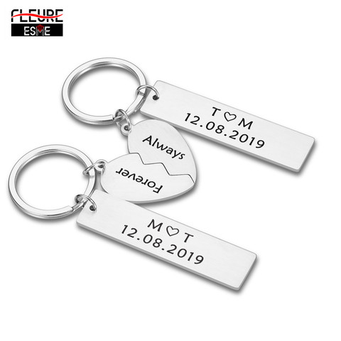 Paire de porte-clés pour Couple, cadeaux pour mari, femme, petit ami, saint-valentin, Date personnalisée et deux initiales pour lui ► Photo 1/6