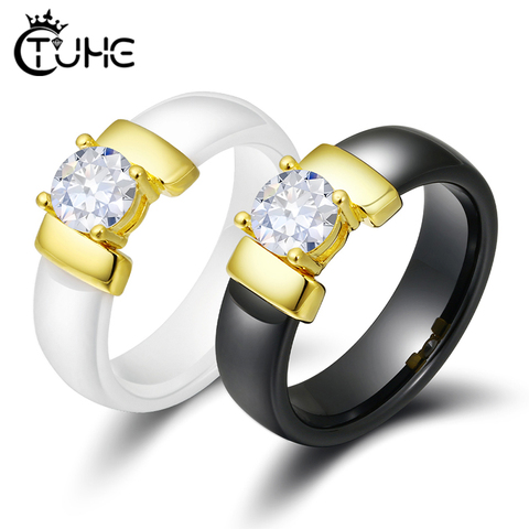 Bagues en céramique blanche et noire de 6mm, Plus zircone cubique pour femmes, bague de mariage de couleur or en acier inoxydable, bijoux de fiançailles ► Photo 1/6