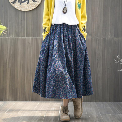 Printemps automne Arts Style taille élastique coton lin a-ligne longue jupe femmes décontracté Vintage jupe florale de haute qualité S364 ► Photo 1/6