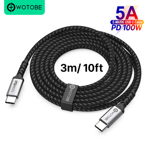 USB C à USB C câble 3m 100W, WOTOBE longue 10ft USB type-c 5A E marque charge rapide Nylon tressé cordon Compatible MacBook Pro iPad ► Photo 1/6