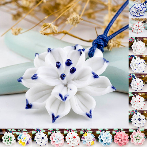 Collier Vintage en céramique bleu et blanc pour femmes, Long pendentif fait à la main avec fleur de Lotus, Style ethnique chinois ► Photo 1/6