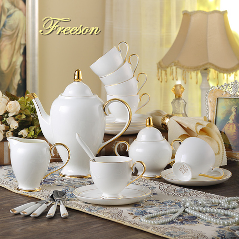 Grace Bone service à thé en porcelaine or blanc | Set de café en porcelaine, tasse avancée tasse en céramique, tasse de sucre, bol, crémier théière carafe à lait, cuillère à café ► Photo 1/6