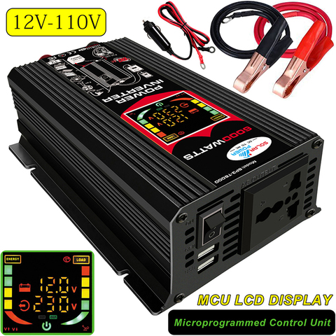 Onduleur numérique peak 6000W pour voiture, 12V DC à 110/220V AC, convertisseur d'onde sinusoïdale modifiée, double port USB, adaptateur de chargeur ► Photo 1/1