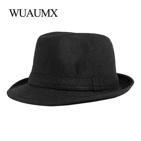 Wuaumx nouveau chapeau pour hommes automne hiver Fedoras chapeau pour homme solide noir feutre melon chapeaux Gentleman Jazz casquettes classiques hommes Fedoras ► Photo 1/6