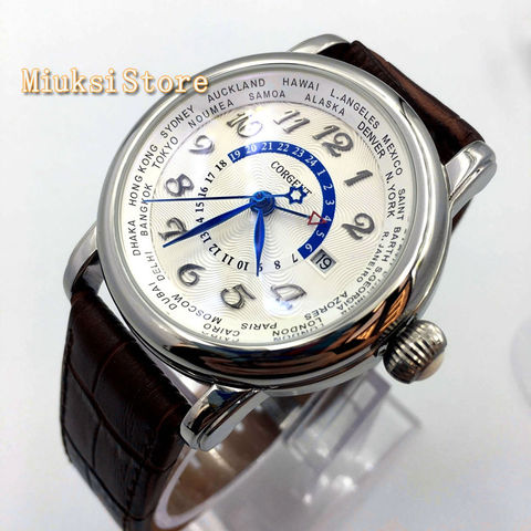 Corgeut – montre mécanique en cuir pour hommes, boîtier argenté de 43mm, cadran blanc, GMT, date, automatique, décontracté ► Photo 1/1