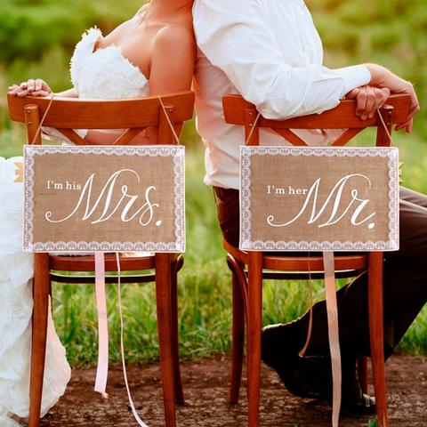 Chaise bannière en toile de jute Mr Mrs | Décor Vintage rustique de fête de mariage, décor de mariage pour mariage mariage marié future mariée, fournitures de fête ► Photo 1/6