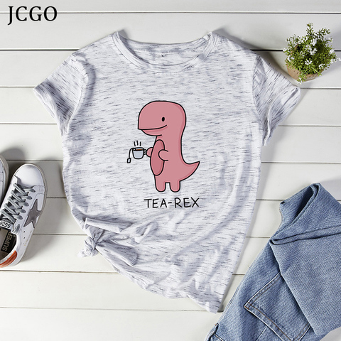 JCGO femmes t-shirt été coton grande taille 5XL dessin animé dinosaure t-rex imprimer à manches courtes col rond décontracté femme t-shirts hauts t-shirt ► Photo 1/6
