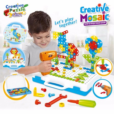 Vis de forage 3D créatif mosaïque Puzzle jouets pour enfants briques de construction jouets enfants bricolage électrique perceuse ensemble garçons jouet éducatif ► Photo 1/6