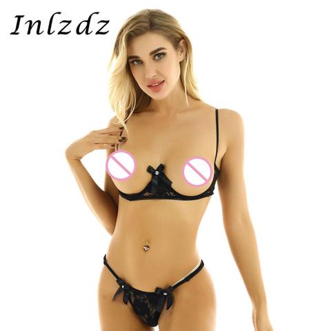 Ensemble de Lingerie érotique en dentelle pure pour femmes, costume Sexy, seins nus exposés, soutien-gorge à armatures avec string, culotte ► Photo 1/6