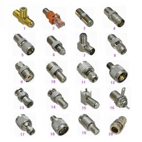 Adaptateur Coaxial 1pce F TV vers F TV / RJ45 / BNC/ Mini UHF / FME / IEC PAL DVB-T / SMA /UHF PL259, SO239 /N, mâle et femelle ► Photo 1/1