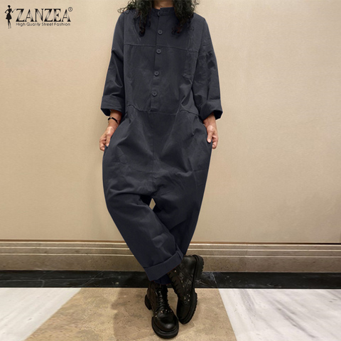 ZANZEA – combinaison Vintage à manches longues pour femmes, pantalon de printemps décontracté, couleur unie, barboteuse à boutons, grande taille, 2022 ► Photo 1/6