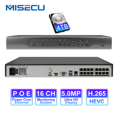 MISECU H.265 16CH 5MP 4MP 3MP 48V véritable POE NVR XMEYE P2P ONVIF enregistreur vidéo réseau pour système de vidéosurveillance caméra IP POE avec disque dur 4 to ► Photo 1/6