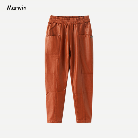 Marwin 2022 nouveau-venue hiver Pu cuir poches pleine longueur femmes pantalons haute rue Style taille élastique femme en cuir pantalon ► Photo 1/6