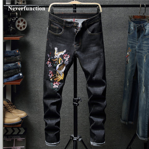 Jeans Stretch pour hommes, streetwear oiseaux, pantalon en coton noir et bleu, nouvelle collection, broderie survêtement ► Photo 1/6