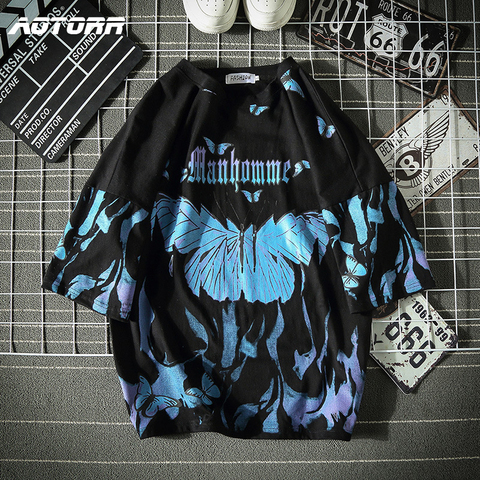T-shirt Harajuku à motif papillon pour homme, vêtement ample et décontracté en coton, style hip hop de couleur bleue, 2022 ► Photo 1/6