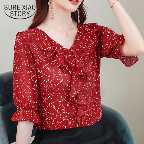 Printemps été nouvelle mode florale à manches courtes en mousseline de soie chemise femmes élégant à volants hauts été hauts Blouses Chemisier Femme 9921 ► Photo 1/6