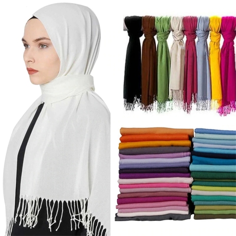 Femmes musulmanes écharpe châles minces enveloppes dame solide femme Hijab étoles longue cachemire Pashmina Hijabs Foulard tête foulards Turban ► Photo 1/6