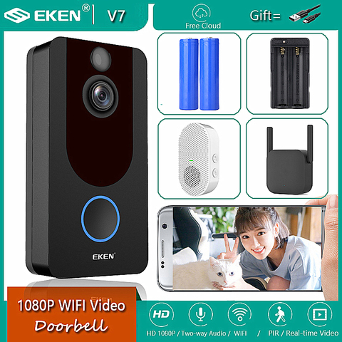 EKEN V7 HD 1080P Smart WiFi vidéo sonnette caméra interphone visuel Vision nocturne IP porte cloche sans fil caméras de sécurité ► Photo 1/6