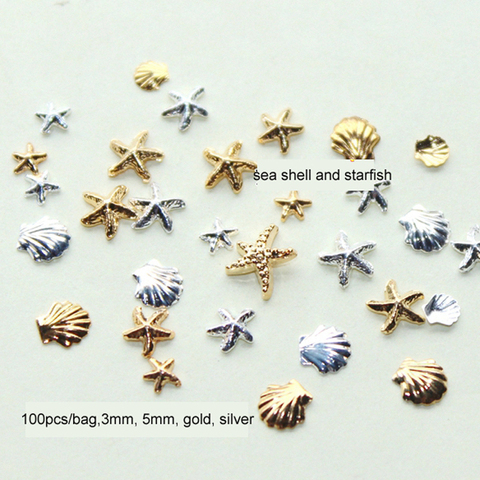 100 pièces/sac 3MM et 5M 3D Métal Mer Coquille Étoile De Mer Mixte Or Argent Nail Art Strass Stud Spike Ongles Autocollants Accessoires ► Photo 1/5