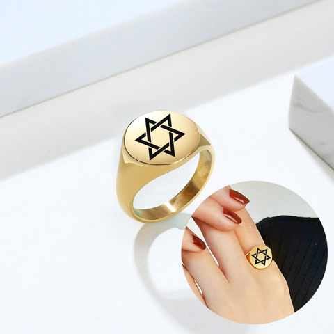 Chevalière pour hommes et femmes, bague ronde, en acier inoxydable, avec gravure Simple Star of David, vente en gros ► Photo 1/1