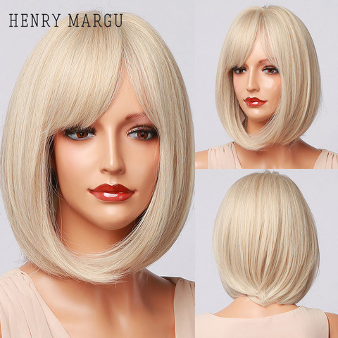 HENRY MARGU – perruque synthétique courte et lisse avec frange, Blonde platine, pour femmes, résistante à la chaleur, Cosplay, fête ► Photo 1/6