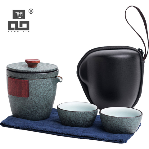 TANGPIN – théière en céramique gaiwan avec 2 tasses, service à thé portable de voyage, service à boissons ► Photo 1/6