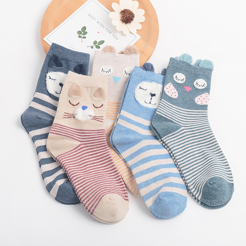 Chaussettes en coton pour femmes, 5 paires, tube, oreilles d'animaux, mignonnes, ours de renard, dessin animé, pour filles, nouvelle collection printemps automne ► Photo 1/6