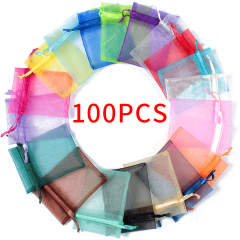 100 pièces cordon bijoux sac pochette Organza bijoux emballage sacs de mariage fête décoration sacs de rangement sacs cadeau pochettes ► Photo 1/6