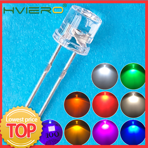 Lampe à grand Angle, 100 pièces Min 5mm, Top plat, blanche, rouge, rose, jaune, bleu, ampoules Ultra brillantes, Diode LED, émission de diodes F5 5mm ► Photo 1/6